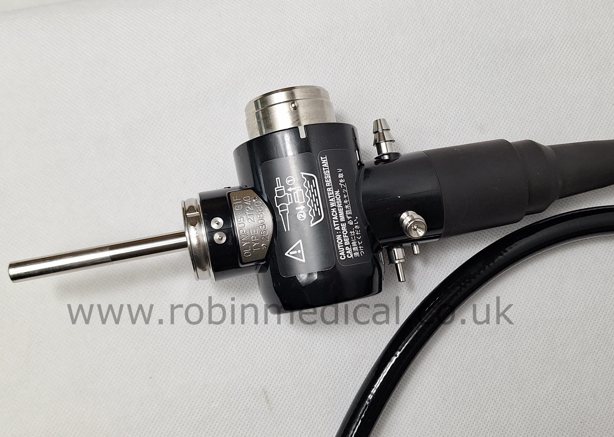 2 Olympus EVIS GIF-2T240 Video Gastroscope Light Source Connector Closeup with Serial Number