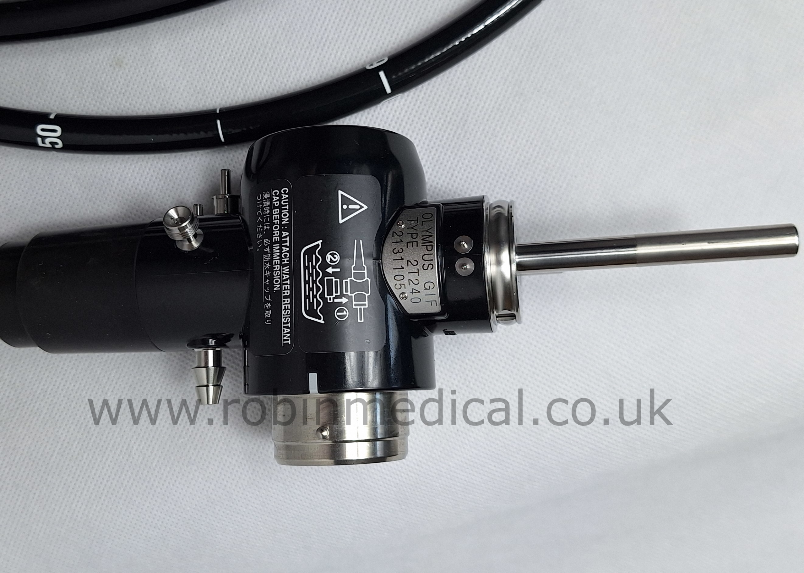2 Olympus EVIS GIF-2T240 Video Gastroscope SN-2131105 Light Source Connector Closeup with Serial Number